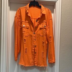 Orange Distressed Button-Up Shacket